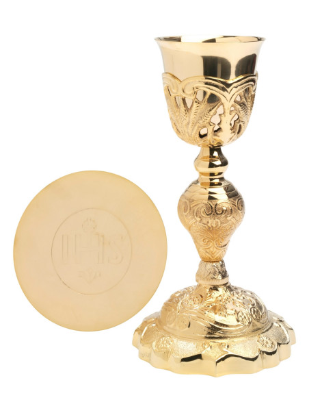 Cáliz dorado H 26 cm con patena y bolsa